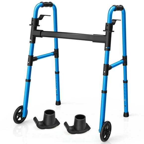 Andador Loyoda para personas mayores, ligero, compacto, plegable, con 2 esquís y 5 ruedas, altura ajustable, soporta hasta 169 kg (350 lb), apto para FSA/HSA, color azul (andador con esquís)