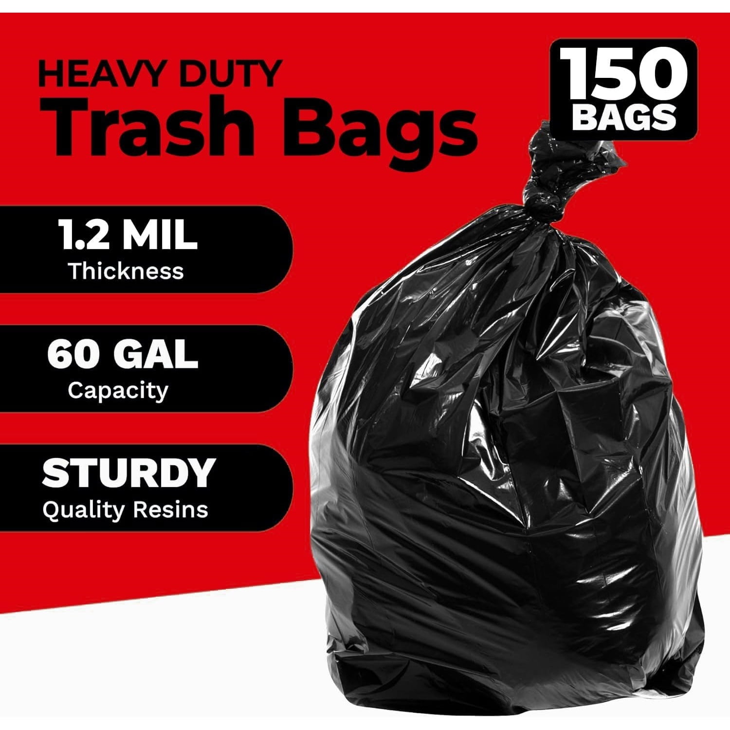 55-60 Gallon Heavy Duty Trash Bags - 150 Count, Large Black Garbage Bags