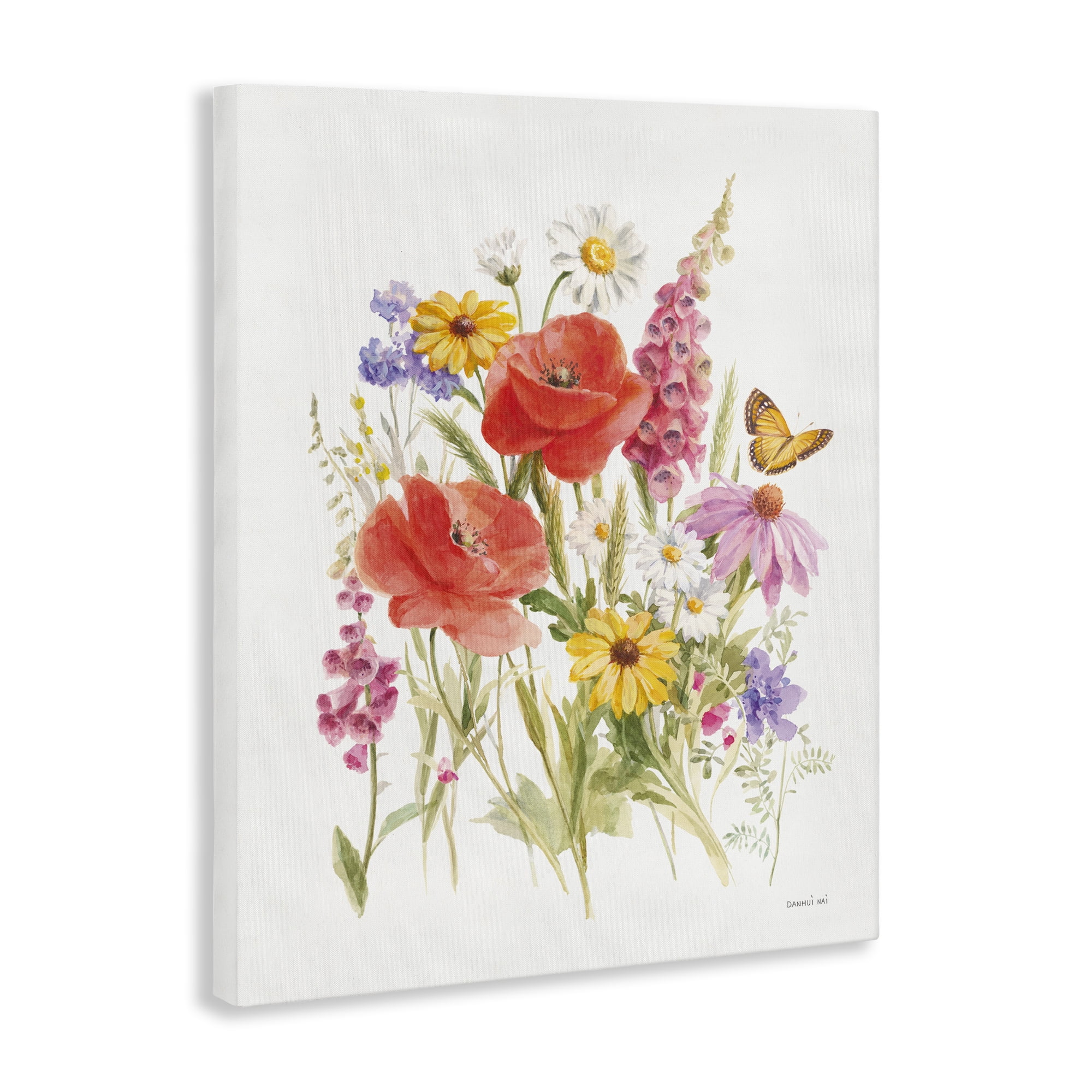 Stupell Industries Bright Flowers & Butterfly Botanical & Floral Painting Gallery Wrapped Canvas Art Print Wall Art, 24 x 30