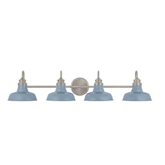 4-Light Bathroom Vanity Light in Brushed Nickel with Slate Blue Shades – Modern Farmhouse Wall Mounted Fixture for Over Mirror, Damp Rated