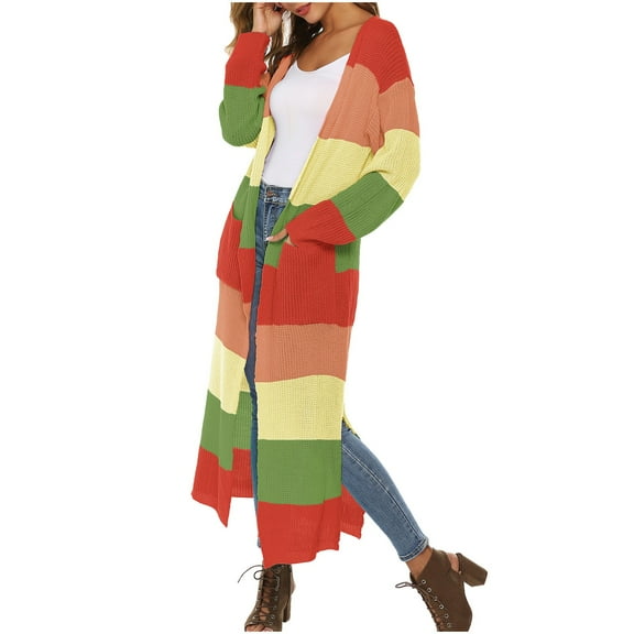 successthop Striped Sweaters for Women Plus Size Long Sleeve Tops Oversized Trendy Sweater Color Block Clothes Orange