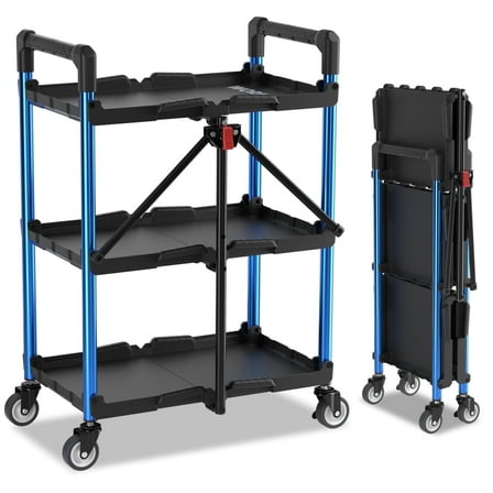 WORKPRO 3-Tier Folding Collapsible Service Cart with Wheels, 210 Lbs Loading Capacity, Foldable Rolling Utility Cart for Garage, Warehouse, Home, Restaurant, Office