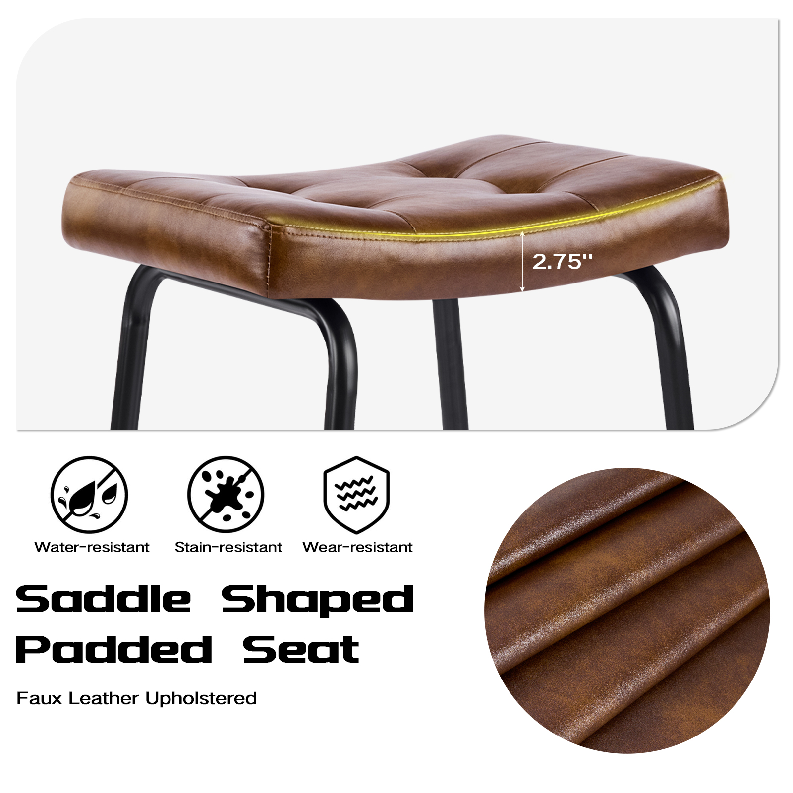 25" Saddle Counter Stools Set of 2, Tufted Faux Leather Counter Height Bar Stools with Metal Legs for Kitchen Island, Yellow Brown
