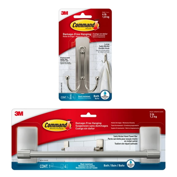 Command Bath Satin Nickel Hand Towel Bar, 1 Towel Bar and Command Large Double Bathroom Wall Hook, Satin Nickel