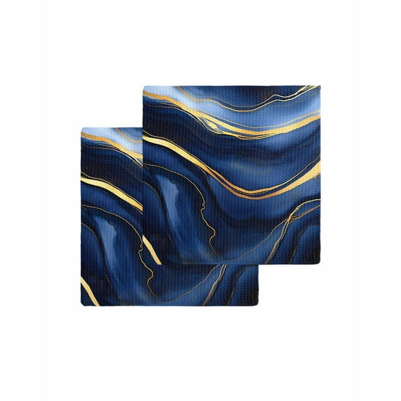 Marble Navy Blue Kitchen Dish Towels for Drying Dishes Set of 2, Modern Golden Ombre Retro Art Waffle Weave Microfiber Terry Hand Tea Bathroom Towels Quick Dry & Absorbent Towel 12x12