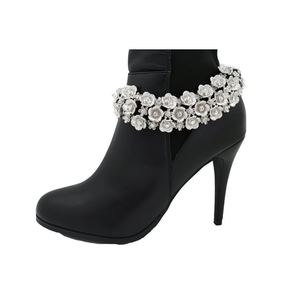 Women Silver Metal Chain Boot Bracelet Anklet Shoe Flowers Charm