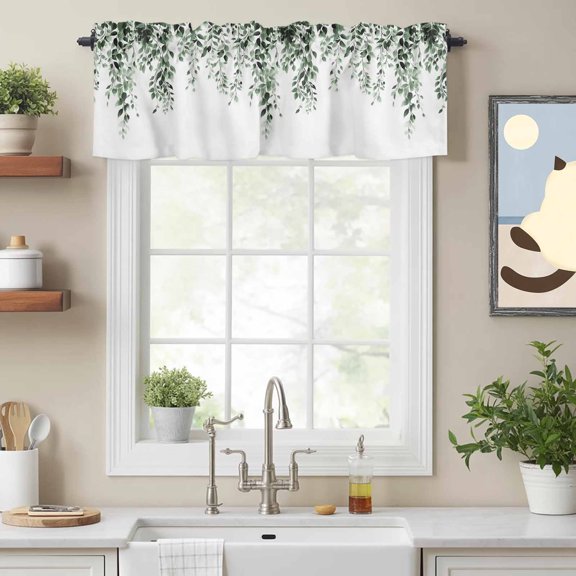 Country Green Eucalyptus Leaf Valances for Windows,Rod Pocket Valance for Kitchen Bedroom Bathroom Living Room,Watercolor Leaves Window Valance Curtain Home Decor Short Curtains 54x18in