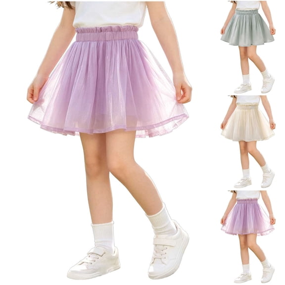 FRSASU Girl's Mesh Ruffled Pleated Mini Skirt with Built in Shorts Summer Slim High Waist Elegant A-Line Princess Tutu Dancing Skirt Purple