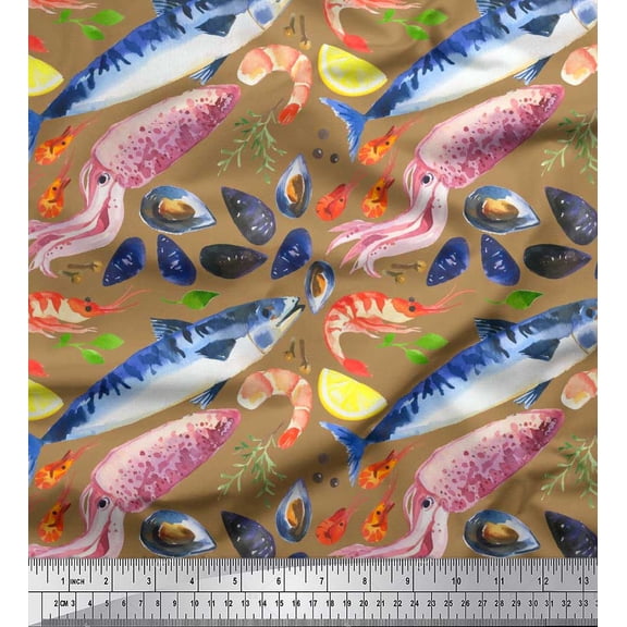 Soimoi Brown Silk Fabric Prawns,Shell & Jellyfish Ocean Decor Fabric Printed Yard 42 Inch Wide