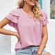 thumbnail image 3 of Blusa de manga con volantes Cuello en V Color puro Ajuste holgado Casual Mujer Top de manga corta para verano Rosa L, 3 of 6