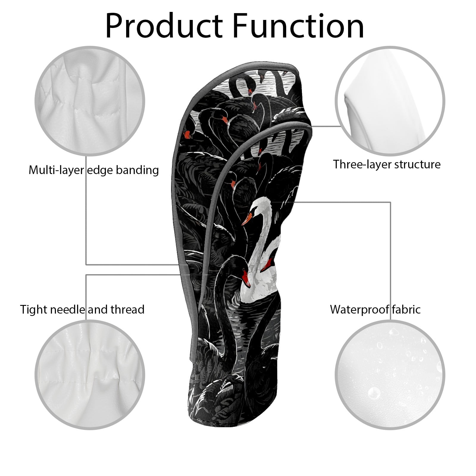 Golf Club Covers, Black And White Swan Premium PU Leather Driver Hybrid Putter Head Covers with Velvet Lining, Waterproof Golf Gifts for Men Women