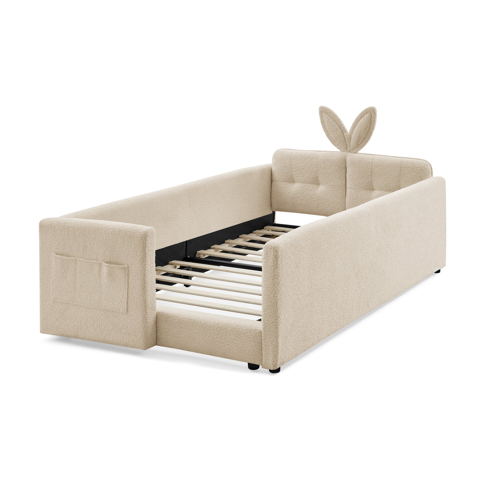 T-Joy Cute Kids Bed with Rail and Pocket, Boucle Wooden Platform Bed with Rabbit Ear, Twin Size, Camel