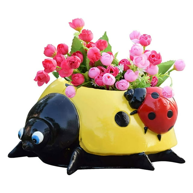 CAROOTU Metal Ldybug Flower Pot Mini Animal Ladybugs Desktop Ornament Colorful Decorative Outdoor Garden