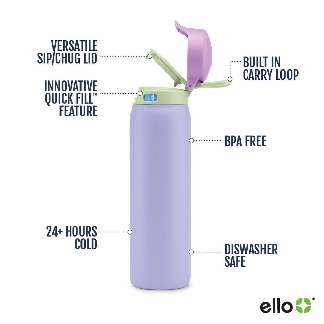 Ello Flip & Fill 22oz Insulated Stainless Steel Water Bottle, Leak
