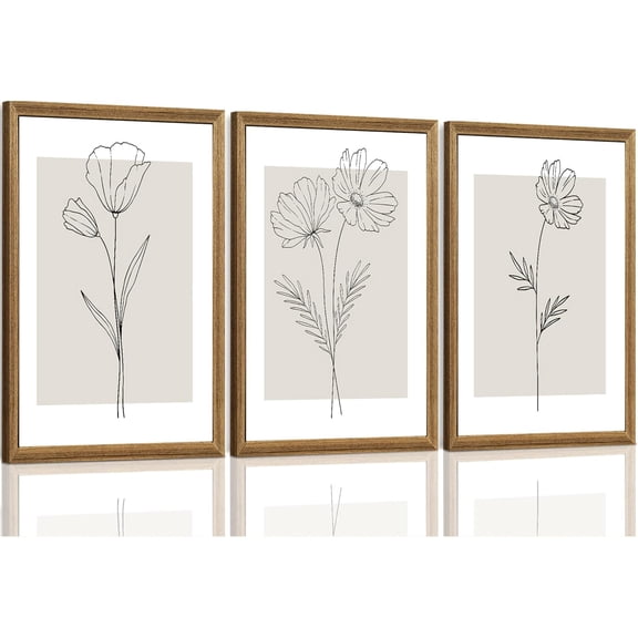 FCCUYE Botanical Wall Art Set of 3, Framed Minimalist Modern Neutral Line Art Flowers Canvas Prints, Beige Floral Artwork, Black White Farmhouse Wall Decor, Living Room Bedroom Home Office, 12x16in