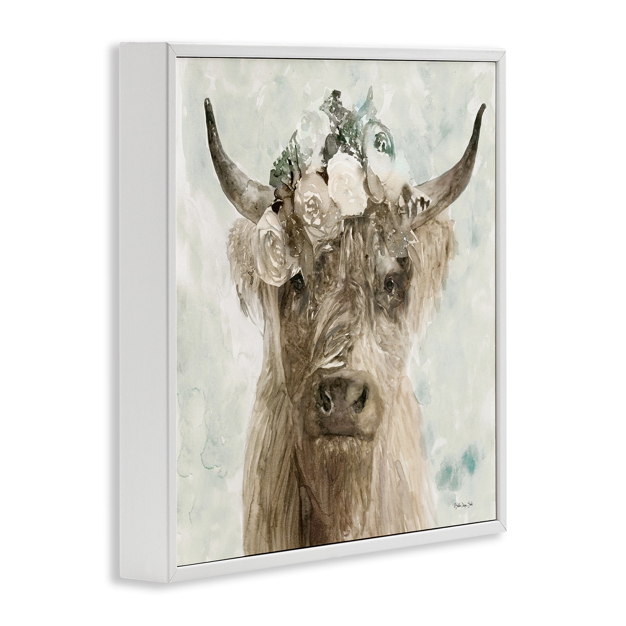 Stupell Industries Soft Buffalo with Floral Crown Animals & Insects Painting White Framed Art Print Wall Art, 24 x 24