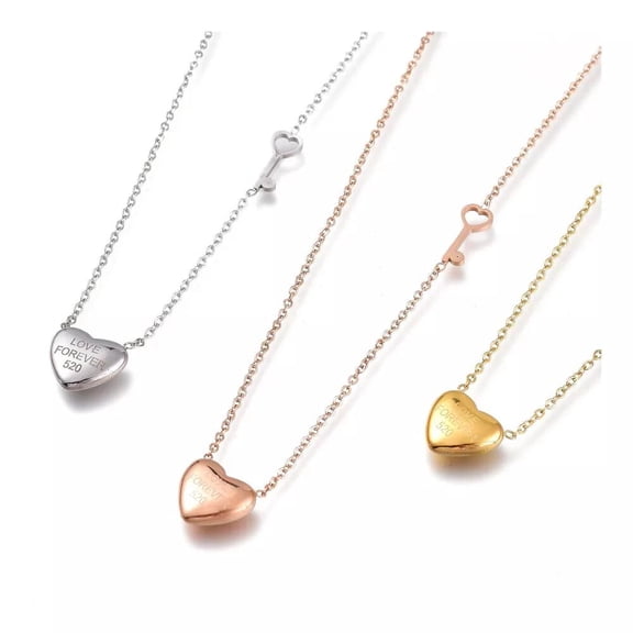 Stainless Steel Rose Gold Valentine's Day Heart Key Love Pendant Necklace 17 Inch Lobster Clasp Z499