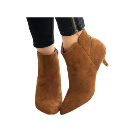 

Wazshop Ladies Dress Bootie Shoes Sexy Stiletto Boots Pointed Toe Heeled Booties Comfort Side Zip Ankle Boot Women Kitten Heels Fashion Brown 7.5