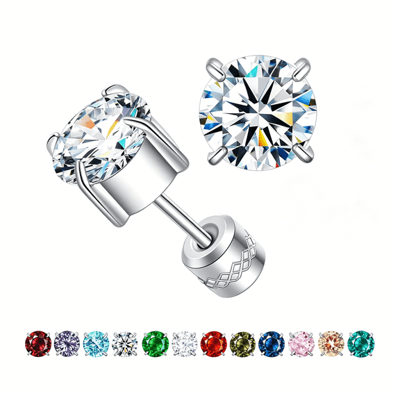 DESIGNICE Titanium Flat Back Surgical Stainless Steel Stud Earrings for Women Men,Birthstone Stud Earrings Hypoallergenic Double Side 5A Cubic Zirconia Studs Jewelry 6Mm