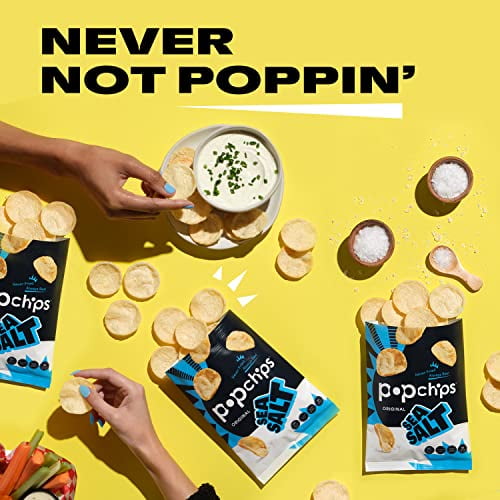 Popchips Potato Chips, Sea Salt, 12ct Single Serve 0.8oz Bags, Low-Calorie and Gluten Free, Healthy Snacks for Adults and Children, Non-GMO, Vegan & Kosher Friendly, 100 Calories Per Bag