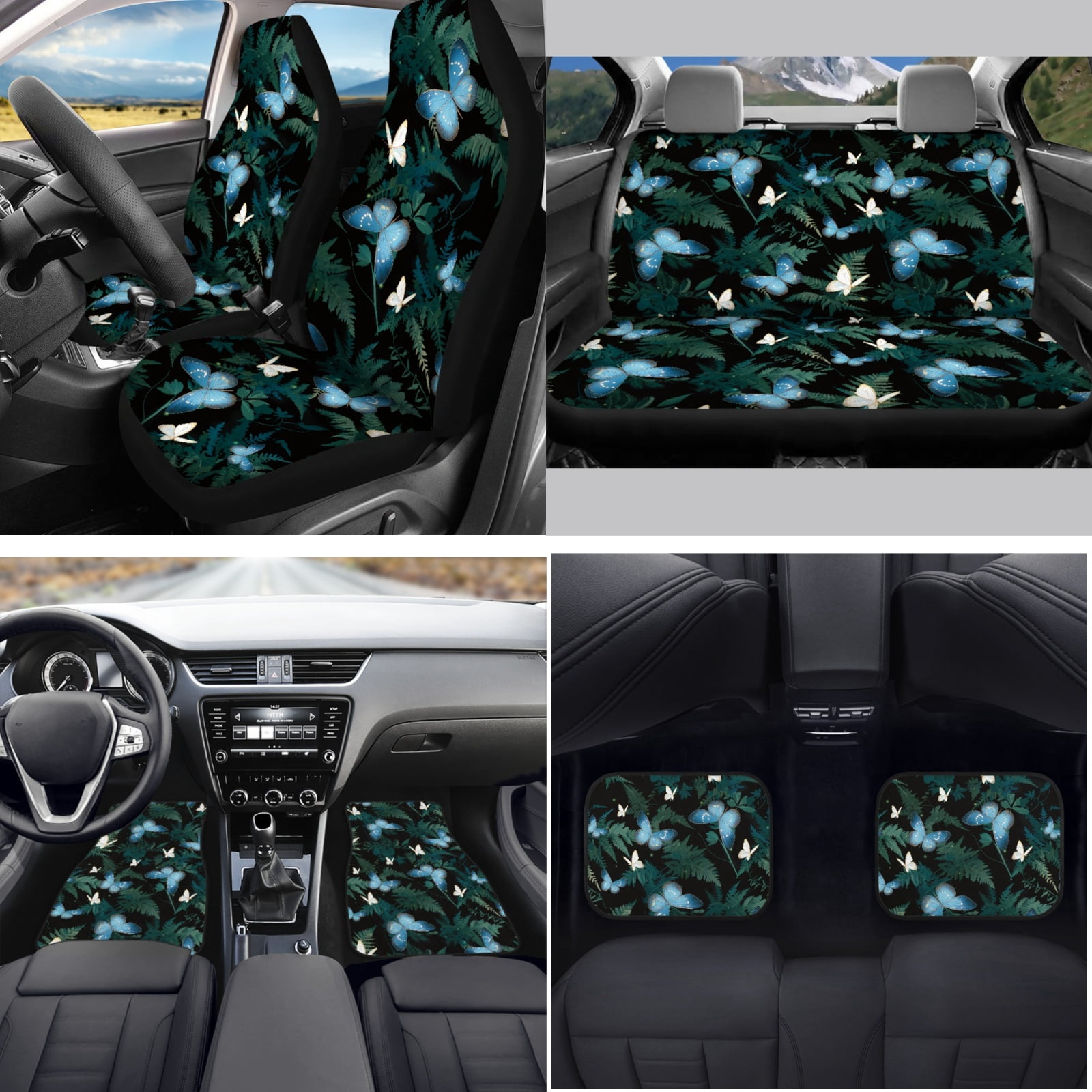 Yuyamidu Blue Butterfly Car Seat Cover Full Set Green Leaves Car Floor Mats Steering Wheel Cover Seatbelt Pad Gear Shift Knob Cover Cup Coaster Auto Interior Accessories Set of 15