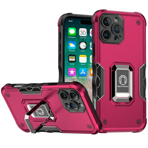TJS for iPhone 16 Pro Max Phone Case, [Military Grade] Heavy Duty Magnetic Support Ring Kickstand Cover (Hot Pink)