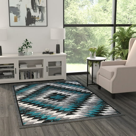 BizChair Area Rug Southwest Native Distressed Design 1106 Turquoise Grey White Black (5 Feet 3 Inch X 7 Feet 3 Inch)