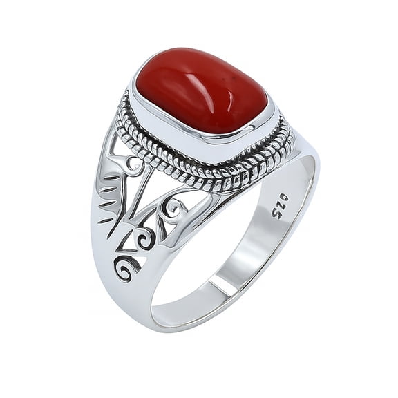 Coral Gemstone Finger Ring for Women, 925 Sterling Silver Ethnic Tribal Tibetan Bohemian Modern Designer Boho Fashion Jewelry Handmade By Artisans, Size Q1/2