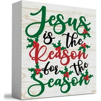Cskhip Rustic Christmas Sign Jesus is The Reason for The Season Decor Wood Box Sign Shelf Cubicle Accessories, Farmhouse Christmas Santa Artwork Decor, Home Shelf Office Decoration 7x7 inch