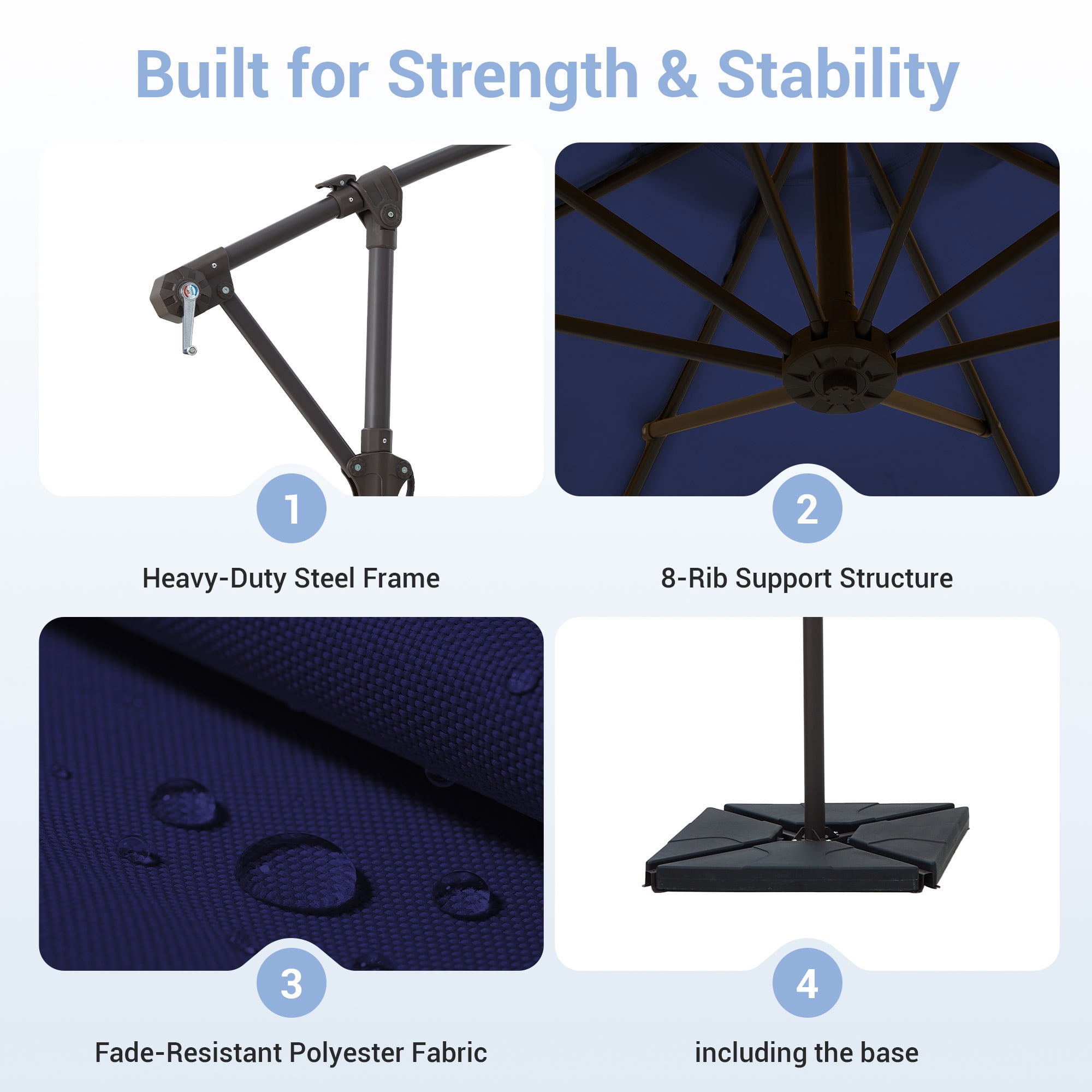 NAPWANT 10ft Cantilever Patio Umbrella with 4-Piece Weighted Base Included, Offset Hanging Umbrella with Crank & Tilt, Navy-Blue