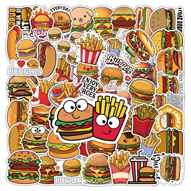 Juego de pegatinas para hamburguesas y patatas fritas, 50 unidades, bonitas calcomanías de vinilo co