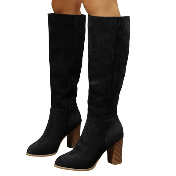 Winter Fall Knee High Boots for Women with Side Zipper Fashion Suede Pointed Toe High Heels Wide Calf Tall Dress Boots