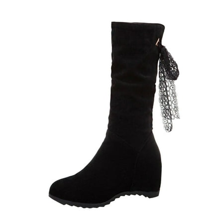 

SEMIMAY Ladies Solid Color Lace Ribbon Inner Fashion Medium Boots Black