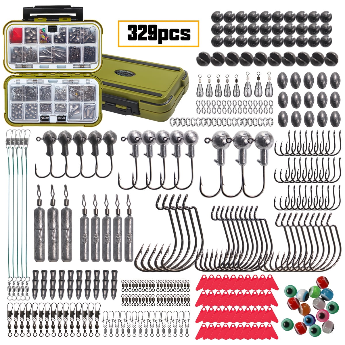 329Pcs All-in-One Waterproof Fishing Tackle Kit, Complete Fishing Gear Set with Hooks Sinkers Swivels Connectors Lines Split Rings Carabiners with Waterproof Storage Box for Freshwater Saltwater