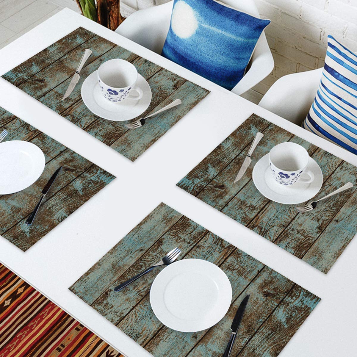 Retro Pale Turquoise Wood Grain Placemats - Set of 4 Washable Holiday Banquet Dining Kitchen Table Mats - Cotton Linen Woven Dining Table Mats - 12 Retro Pale Turquoise Wood Grain Placemats - Set of 4 Washable Holiday Banquet Dining Kitchen Table Mats - Cotton Linen Woven Dining Table Mats - 12