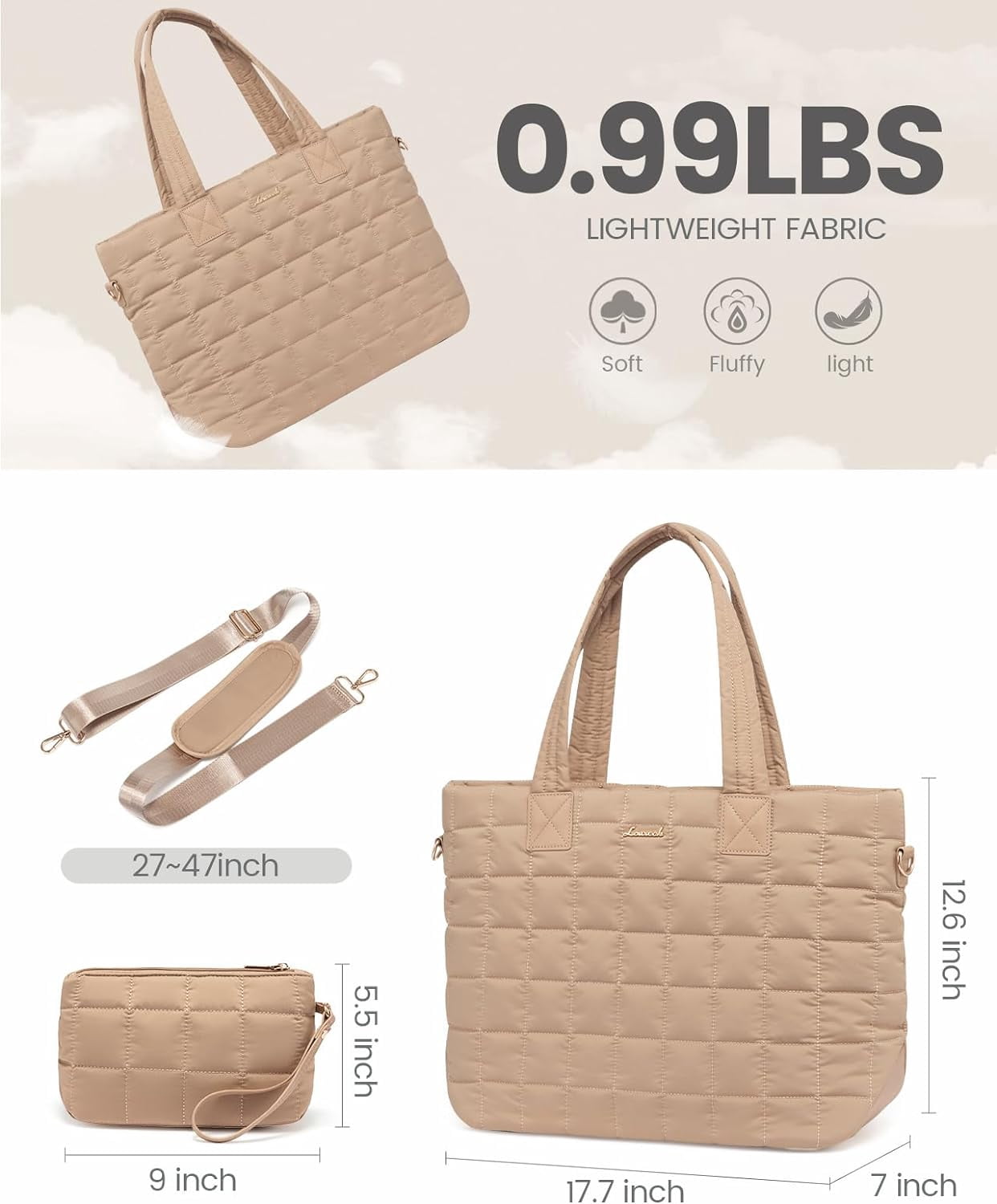 Lovevook Puffer Tote Bag for Women, Quilted Work Tote Bag Fits 15.6 In Laptop Compartment, Large Puffy Shoulder Bag Travel Bag for Daily Work Gym Weekend