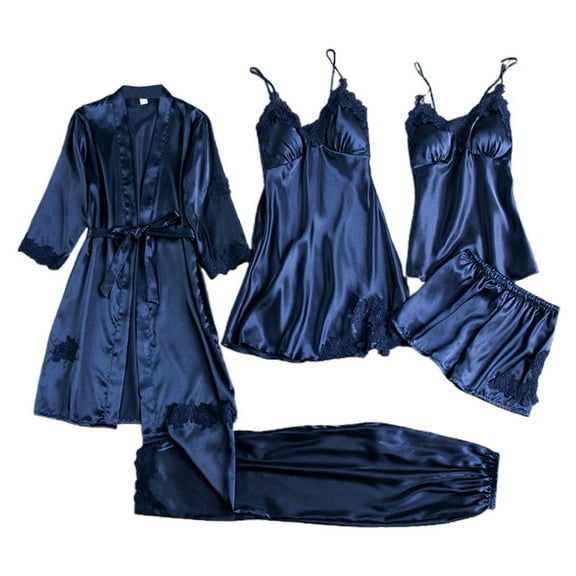 Hifoo Women 5 Piece Sets Home Wear Robe Nightgown Nightdress Tops Shorts Pants Boho Solid Color Sleepwear