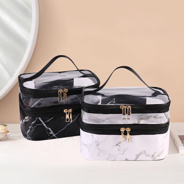 Bolsa organizadora de maquillaje de doble capa, de piel sintética, resistente al agua, para viaje, para mujeres y niñas