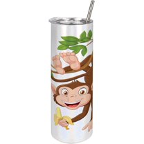 Cartoon 20 Oz Skinny Tumbler, Funny Monkey Hanging from Tree and Holding Banana Jungle Animals Theme Print, Leak-Proof Straw Lid and Brush Vacuum Insulated for Outdoor Use, Chocolate White