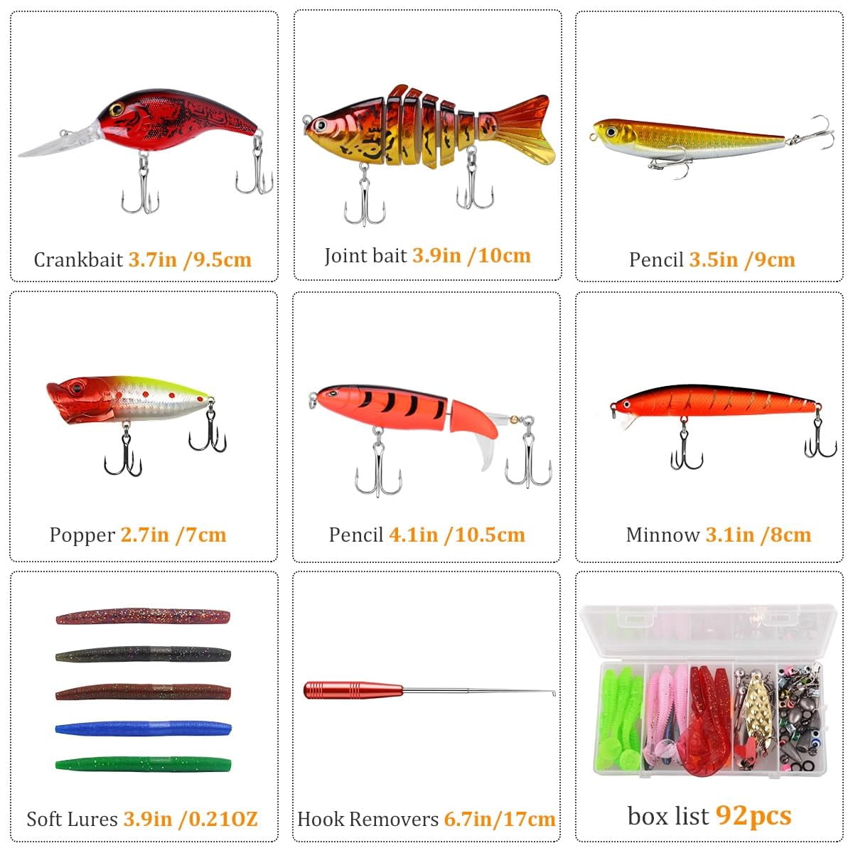 104pcs Fishing Lures Kit With Glide Bait  Hooks Weights Fish Hook Remover Tool& Accessories Gear Gifts For Fisher Adult Men Teen Boys