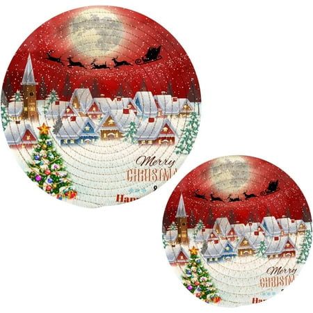 

SKYSONIC Santa Claus Flying on A Sleigh Trivets Pot Holders Set of 2 Hot Pads Table Mats Placemats Set for Cooking and Baking Cotton Braided Hot Pads 7in+9in