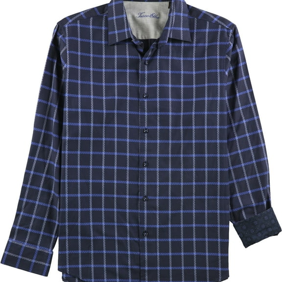 Tasso Elba Mens Windowpane Button Up Shirt, Blue, Small
