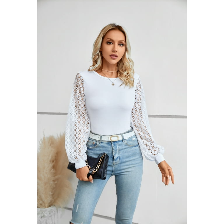 Vafful Women s Lace Long Sleeve Tops High Neck T Shirt Loose Casual Waffle Fall Spring Tee Blouse Slim Fit Lace Balloon Bell Long Sleeve Ribbed Shirts Blouses Cute Tshirts Top Fall Clothes