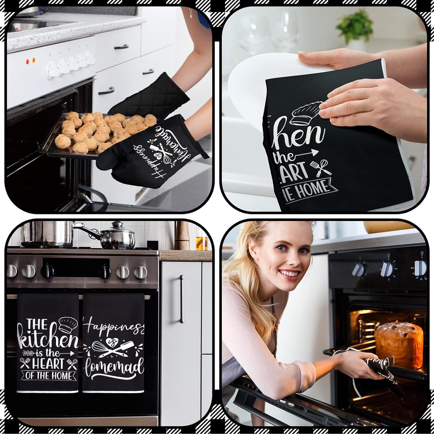 6 Pcs Kitchen Decor Accessories Set Farmhouse Towels Pot Holders Oven Mitts Set 2 Dish Towels 2 Potholders 2 Cooking Mittens Oven Glove for Christmas Baking Cooking Supply(Black,Kitchen)