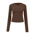 thumbnail image 3 of Women's T-Shirt Crewneck Long Sleeve Double-Lined Side Ruched Crop Casual Top - Pink/Hot Pink/Purple/Blue/Dark Blue/Grey/Beige/Red/Orange/Khaki/Green/Brown - S/M/L | Yubnlvae (Brown | L), 3 of 9