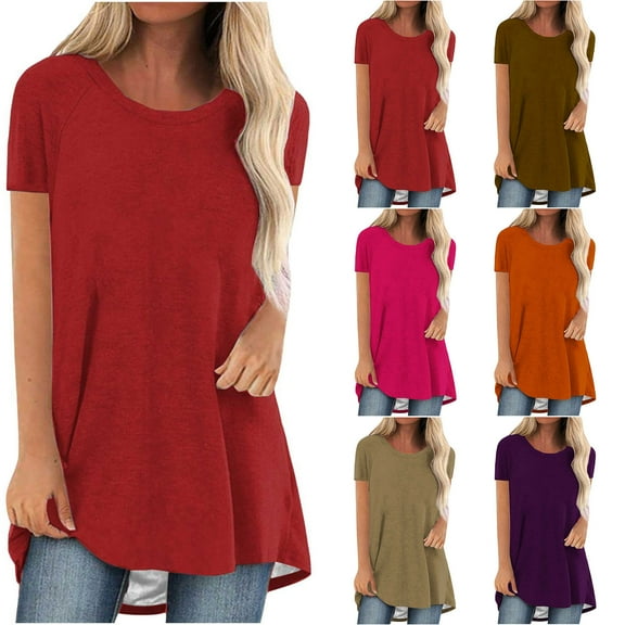 Ahuyic Womens Plus Size Short-Sleeved Top,Summer Casual Blouse For Women,Women's Fashion Summer Round Neck Leisure Short Sleeve Solid Buttons Tops