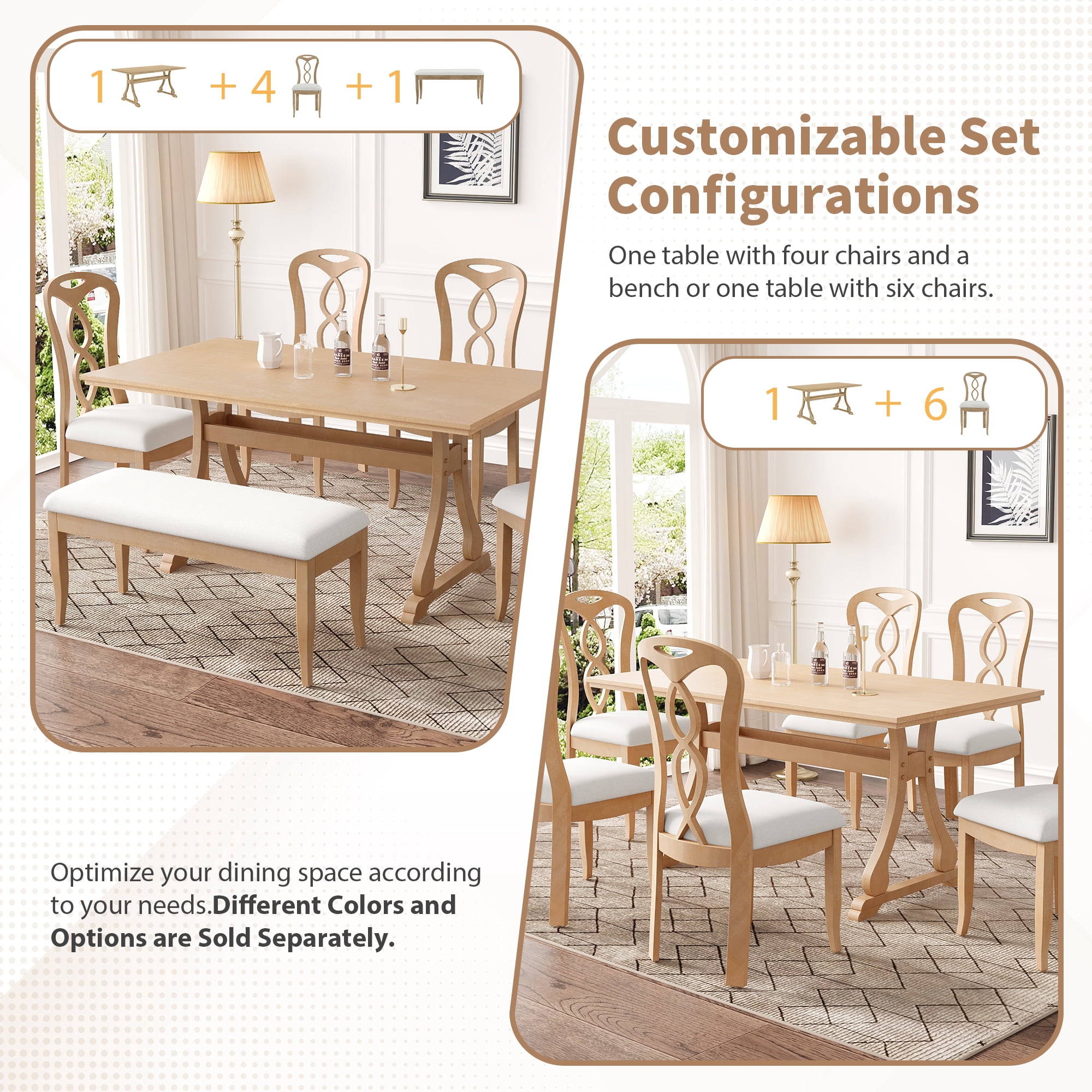 EUROCO 63" 6PCS Retro Dining Table Set for 6,Wood Dining Room Table Set with 1 Upholstered Bench and 4 Upholstered Dining Chairs,Kitchen Table Set for 6