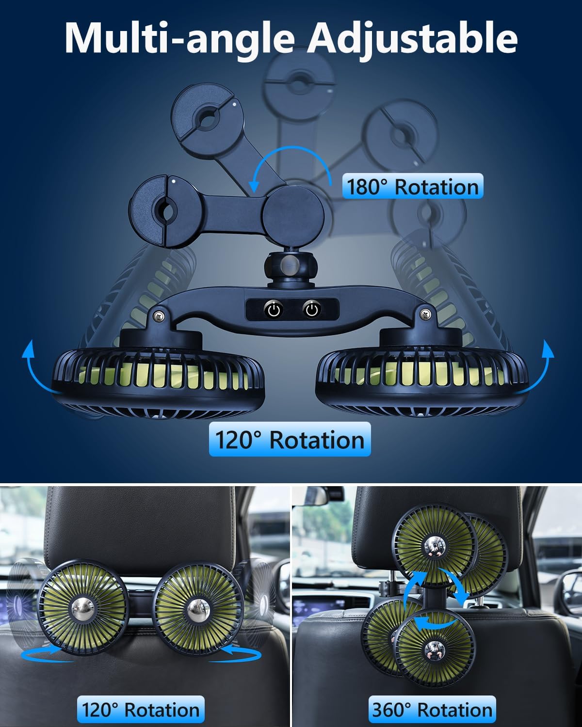 Dual Head Car Cooling Fan for Back Seat, Battery Powered Rechargeable Usb Car Seat Headrest Fan for Baby Dog Rear Facing, 12V Car Accessories Cooler That Blow Cold Air for Sedan Suv Rv Truck