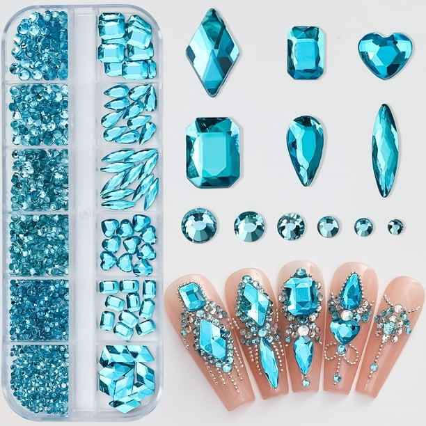 Kit de 12 rejillas 3D de base plana para decoración de uñas, con diamantes de imitación y gemas, cristales AB, para joyería, manualidades, rostro, ropa y decoración de uñas.
