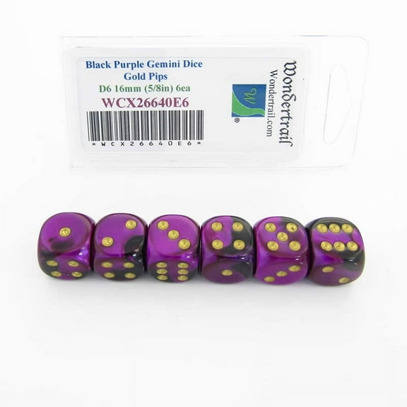 Black and Purple Gemini Dice with Gold Pips D6 16mm (5/8in) Pack of 6 Wondertrail